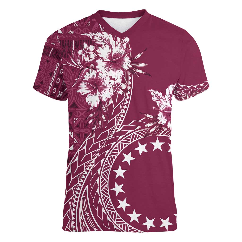 Kia Orana Cook Islands Women V-Neck T-Shirt Tiare and Stars - Maroon LT7 Female Maroon - Polynesian Pride