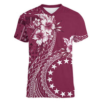 Kia Orana Cook Islands Women V-Neck T-Shirt Tiare and Stars - Maroon LT7 Female Maroon - Polynesian Pride