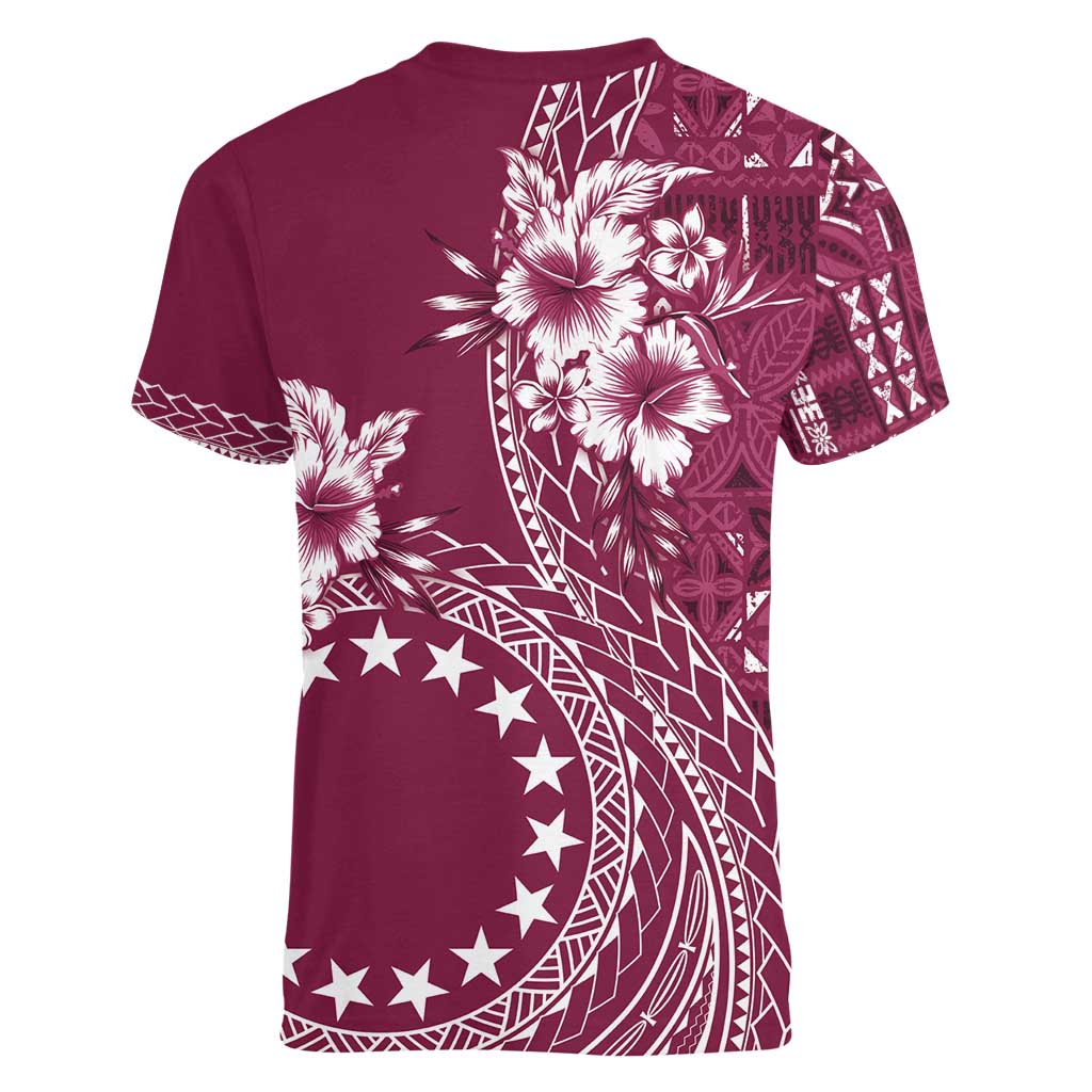 Kia Orana Cook Islands Women V-Neck T-Shirt Tiare and Stars - Maroon LT7 - Polynesian Pride