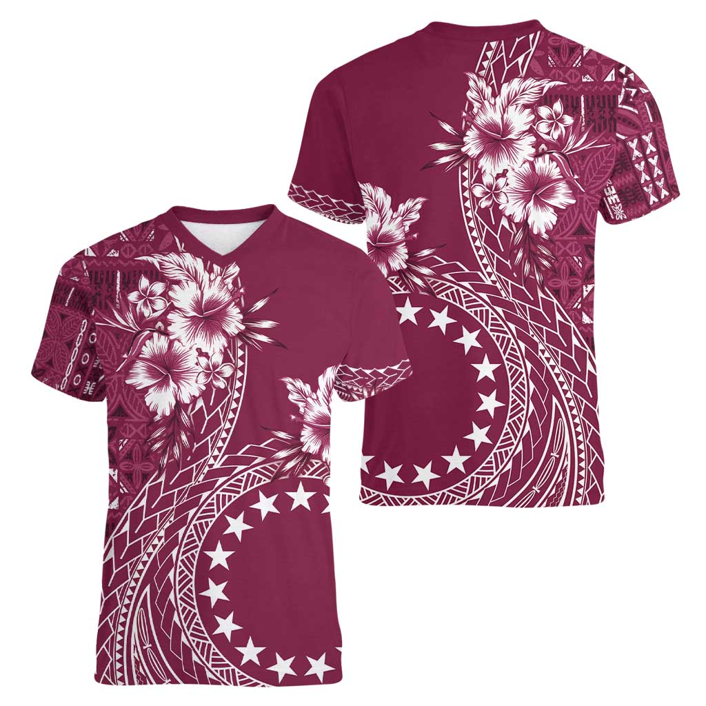 Kia Orana Cook Islands Women V-Neck T-Shirt Tiare and Stars - Maroon LT7 - Polynesian Pride