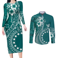 Kia Orana Cook Islands Couples Matching Long Sleeve Bodycon Dress and Long Sleeve Button Shirt Tiare and Stars - Teal LT7 Teal - Polynesian Pride