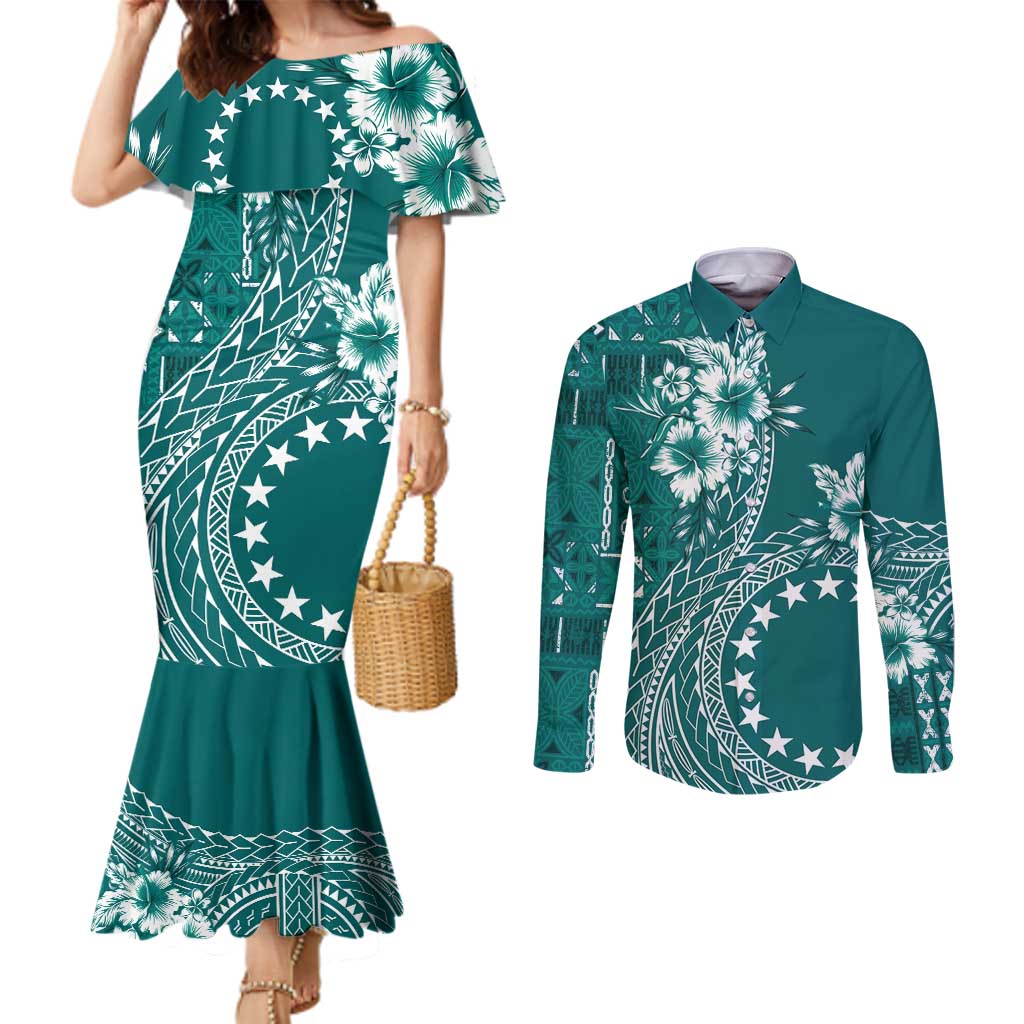 Kia Orana Cook Islands Couples Matching Mermaid Dress and Long Sleeve Button Shirt Tiare and Stars - Teal LT7 Teal - Polynesian Pride