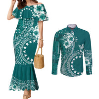 Kia Orana Cook Islands Couples Matching Mermaid Dress and Long Sleeve Button Shirt Tiare and Stars - Teal LT7 Teal - Polynesian Pride