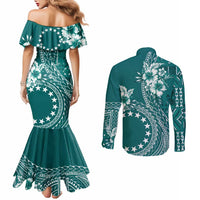 Kia Orana Cook Islands Couples Matching Mermaid Dress and Long Sleeve Button Shirt Tiare and Stars - Teal LT7 - Polynesian Pride