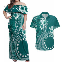 Kia Orana Cook Islands Couples Matching Off Shoulder Maxi Dress and Hawaiian Shirt Tiare and Stars - Teal LT7 Teal - Polynesian Pride