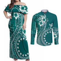 Kia Orana Cook Islands Couples Matching Off Shoulder Maxi Dress and Long Sleeve Button Shirt Tiare and Stars - Teal LT7 Teal - Polynesian Pride
