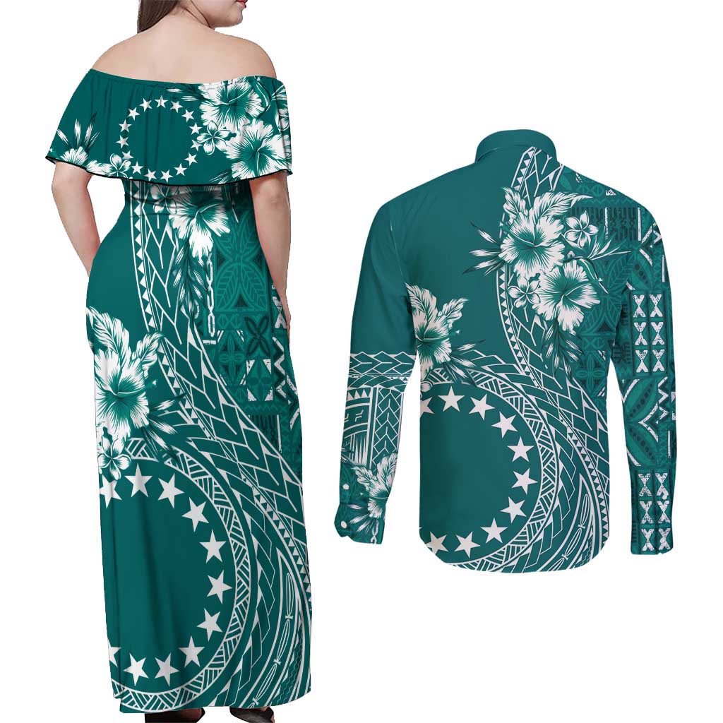Kia Orana Cook Islands Couples Matching Off Shoulder Maxi Dress and Long Sleeve Button Shirt Tiare and Stars - Teal LT7 - Polynesian Pride