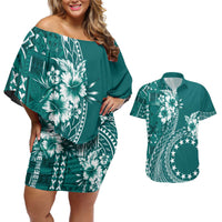 Kia Orana Cook Islands Couples Matching Off Shoulder Short Dress and Hawaiian Shirt Tiare and Stars - Teal LT7 Teal - Polynesian Pride