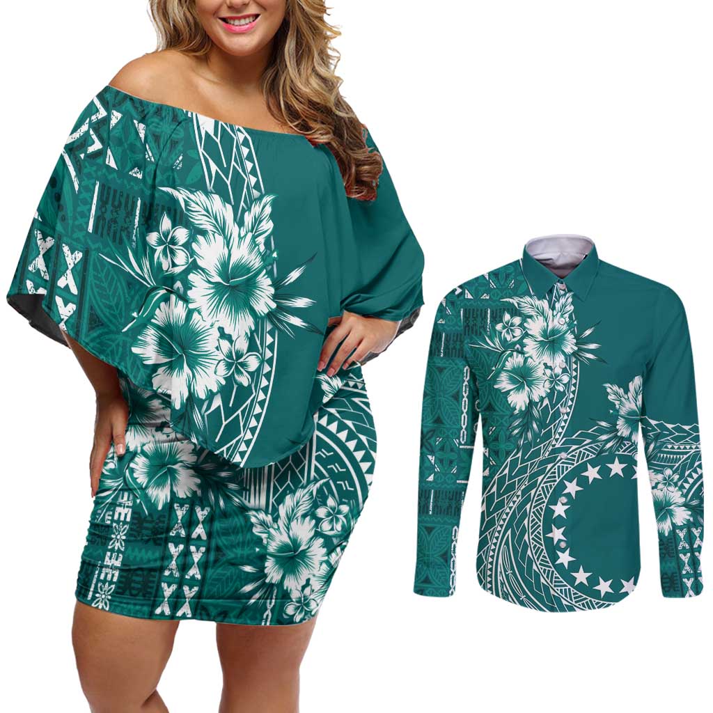 Kia Orana Cook Islands Couples Matching Off Shoulder Short Dress and Long Sleeve Button Shirt Tiare and Stars - Teal LT7 Teal - Polynesian Pride