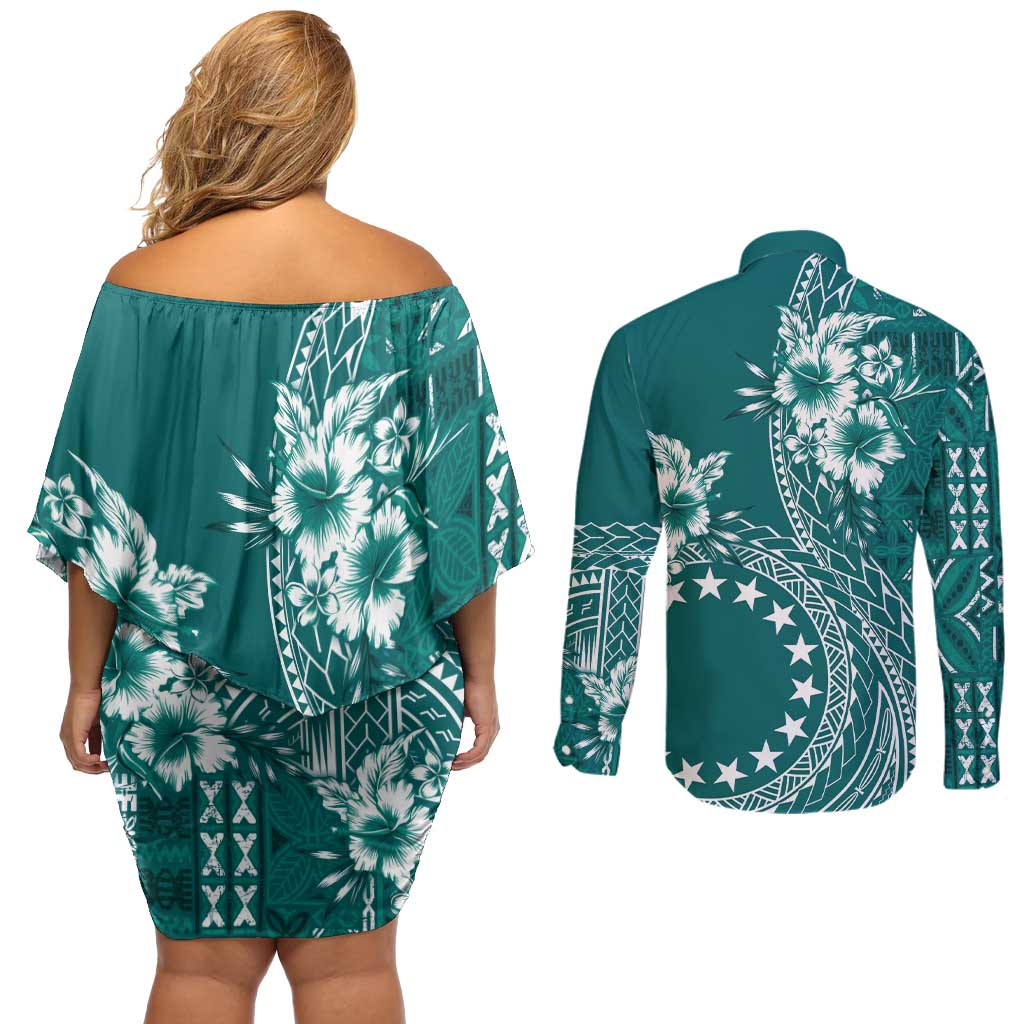 Kia Orana Cook Islands Couples Matching Off Shoulder Short Dress and Long Sleeve Button Shirt Tiare and Stars - Teal LT7 - Polynesian Pride