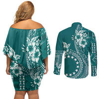 Kia Orana Cook Islands Couples Matching Off Shoulder Short Dress and Long Sleeve Button Shirt Tiare and Stars - Teal LT7 - Polynesian Pride