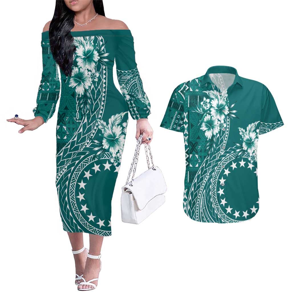 Kia Orana Cook Islands Couples Matching Off The Shoulder Long Sleeve Dress and Hawaiian Shirt Tiare and Stars - Teal LT7 Teal - Polynesian Pride