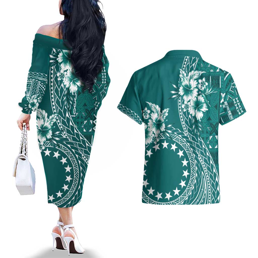 Kia Orana Cook Islands Couples Matching Off The Shoulder Long Sleeve Dress and Hawaiian Shirt Tiare and Stars - Teal LT7 - Polynesian Pride