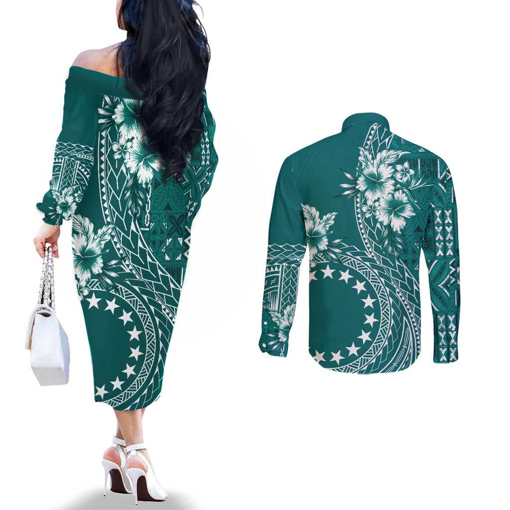 Kia Orana Cook Islands Couples Matching Off The Shoulder Long Sleeve Dress and Long Sleeve Button Shirt Tiare and Stars - Teal LT7 - Polynesian Pride