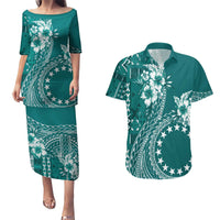 Kia Orana Cook Islands Couples Matching Puletasi and Hawaiian Shirt Tiare and Stars - Teal LT7 Teal - Polynesian Pride