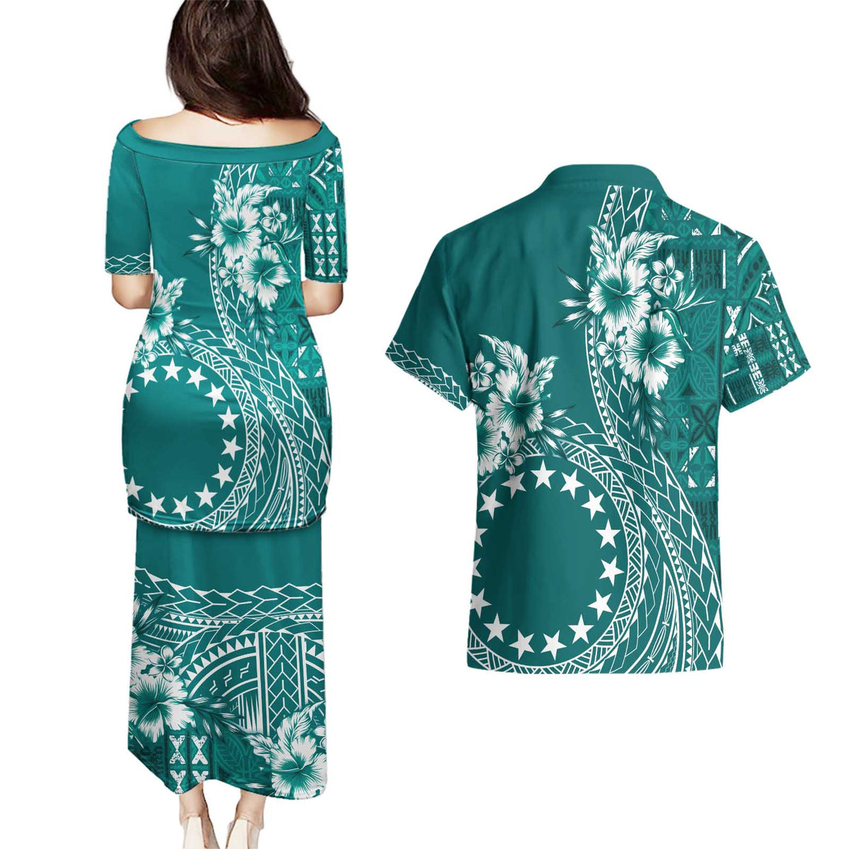 Kia Orana Cook Islands Couples Matching Puletasi and Hawaiian Shirt Tiare and Stars - Teal LT7 - Polynesian Pride