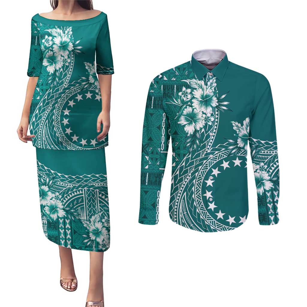 Kia Orana Cook Islands Couples Matching Puletasi and Long Sleeve Button Shirt Tiare and Stars - Teal LT7 Teal - Polynesian Pride