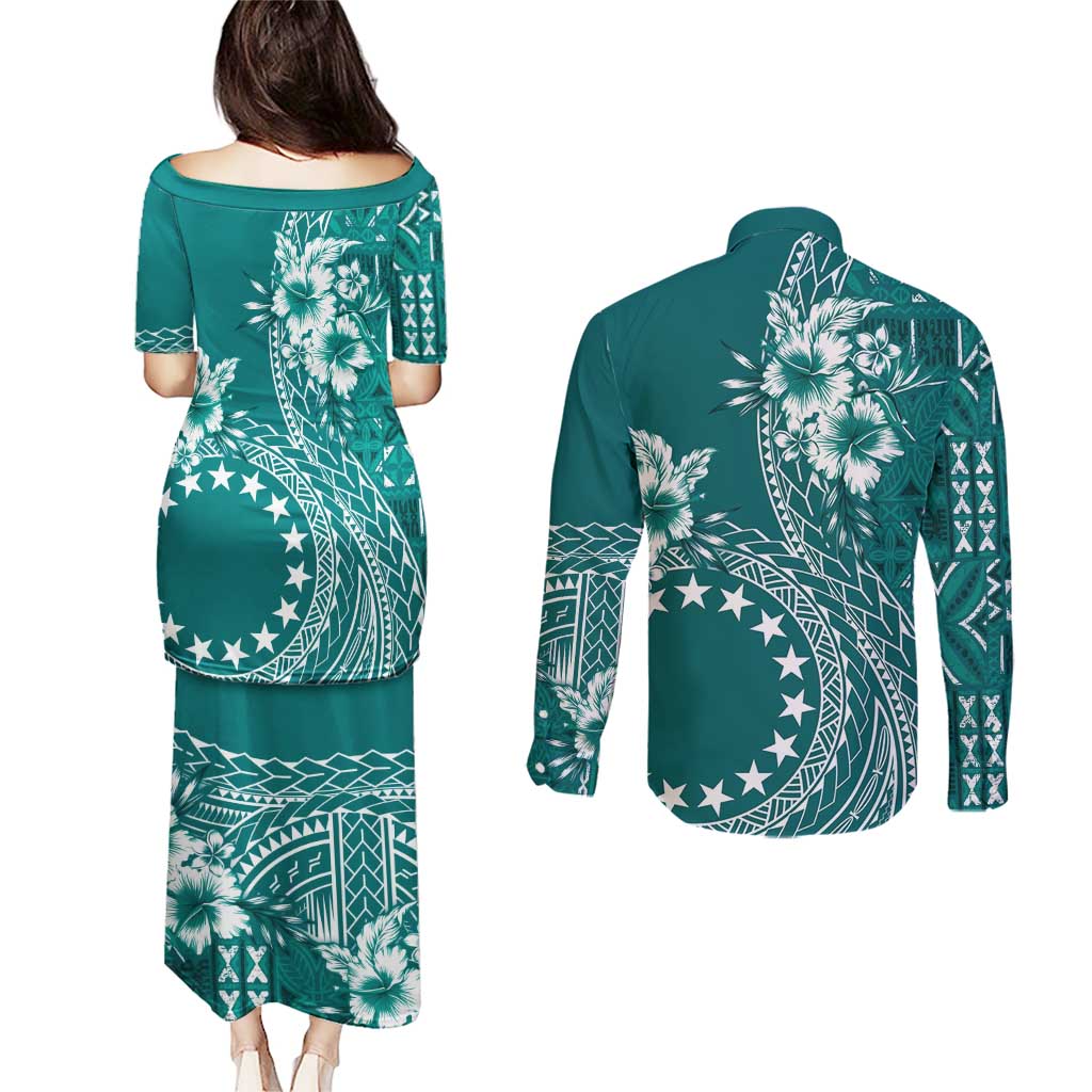 Kia Orana Cook Islands Couples Matching Puletasi and Long Sleeve Button Shirt Tiare and Stars - Teal LT7 - Polynesian Pride