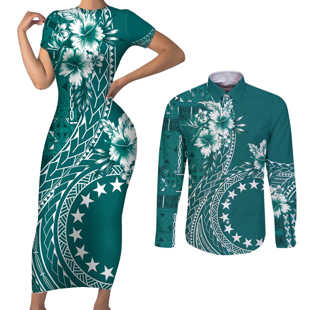 Kia Orana Cook Islands Couples Matching Short Sleeve Bodycon Dress and Long Sleeve Button Shirt Tiare and Stars - Teal LT7 Teal - Polynesian Pride