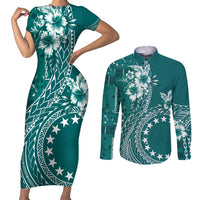 Kia Orana Cook Islands Couples Matching Short Sleeve Bodycon Dress and Long Sleeve Button Shirt Tiare and Stars - Teal LT7 Teal - Polynesian Pride