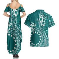 Kia Orana Cook Islands Couples Matching Summer Maxi Dress and Hawaiian Shirt Tiare and Stars - Teal LT7 - Polynesian Pride