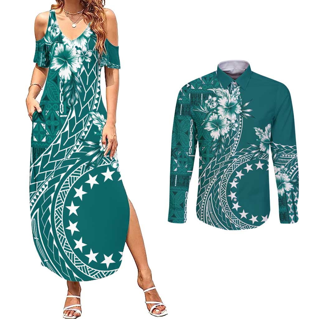 Kia Orana Cook Islands Couples Matching Summer Maxi Dress and Long Sleeve Button Shirt Tiare and Stars - Teal LT7 Teal - Polynesian Pride