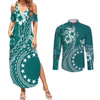 Kia Orana Cook Islands Couples Matching Summer Maxi Dress and Long Sleeve Button Shirt Tiare and Stars - Teal LT7 Teal - Polynesian Pride