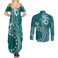 Kia Orana Cook Islands Couples Matching Summer Maxi Dress and Long Sleeve Button Shirt Tiare and Stars - Teal LT7 - Polynesian Pride