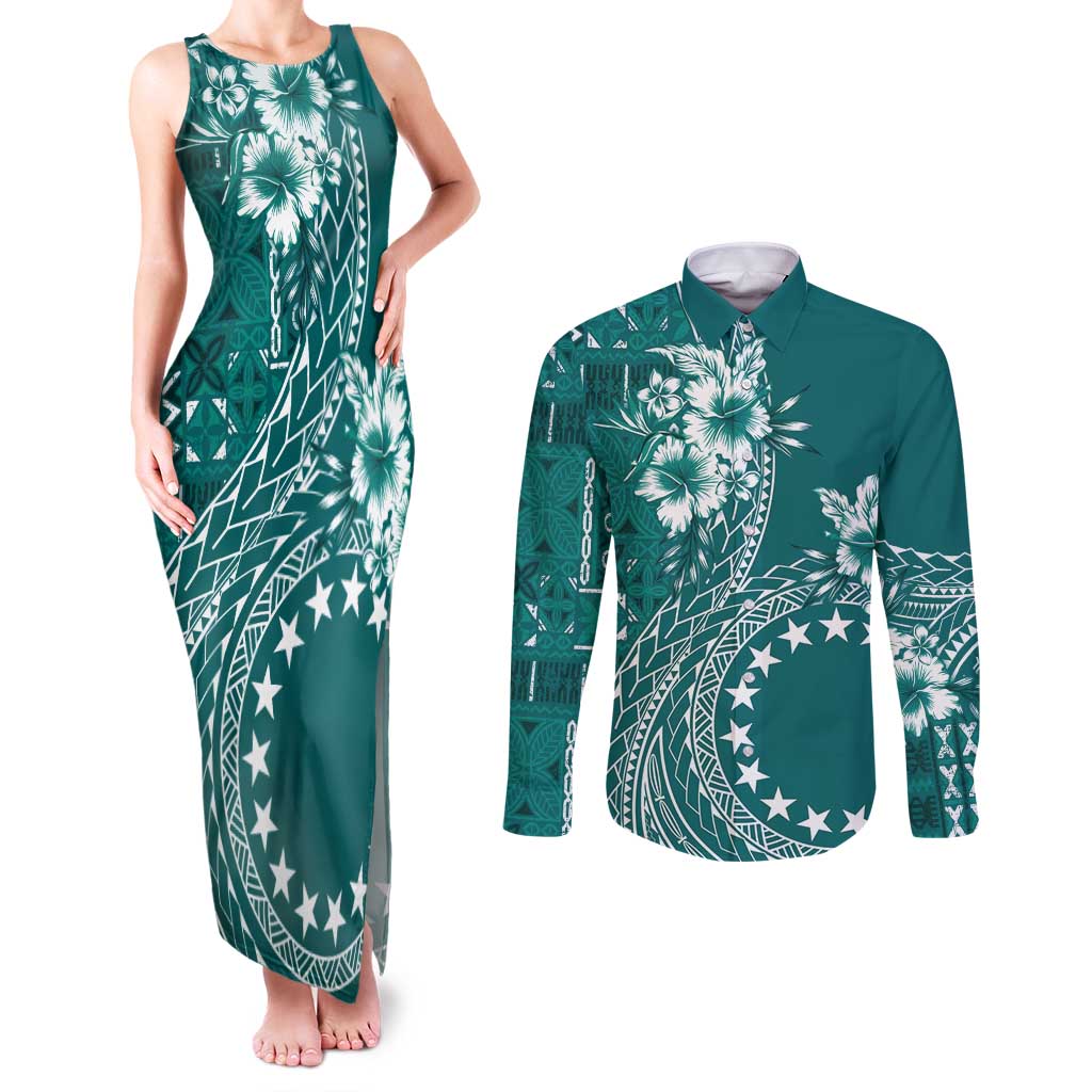 Kia Orana Cook Islands Couples Matching Tank Maxi Dress and Long Sleeve Button Shirt Tiare and Stars - Teal LT7 Teal - Polynesian Pride