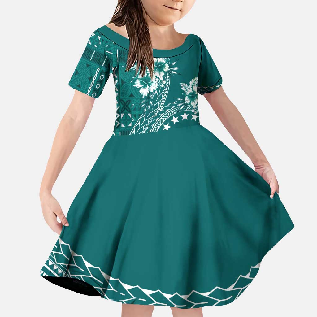 Kia Orana Cook Islands Family Matching Long Sleeve Bodycon Dress and Hawaiian Shirt Tiare and Stars - Teal LT7 Daughter's Dress Teal - Polynesian Pride