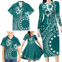 Kia Orana Cook Islands Family Matching Long Sleeve Bodycon Dress and Hawaiian Shirt Tiare and Stars - Teal LT7 - Polynesian Pride