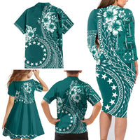 Kia Orana Cook Islands Family Matching Long Sleeve Bodycon Dress and Hawaiian Shirt Tiare and Stars - Teal LT7 - Polynesian Pride
