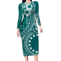 Kia Orana Cook Islands Family Matching Long Sleeve Bodycon Dress and Hawaiian Shirt Tiare and Stars - Teal LT7 Mom's Dress Teal - Polynesian Pride