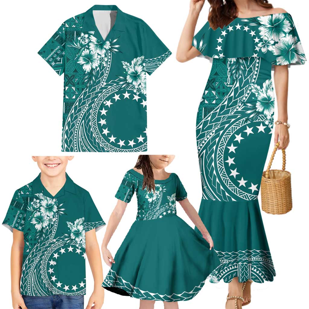 Kia Orana Cook Islands Family Matching Mermaid Dress and Hawaiian Shirt Tiare and Stars - Teal LT7 - Polynesian Pride