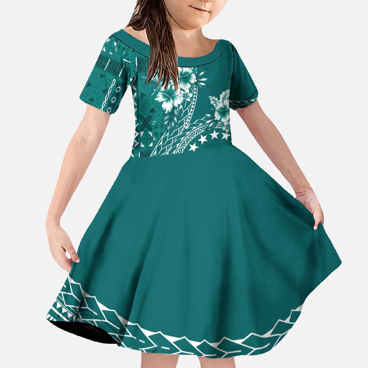 Kia Orana Cook Islands Family Matching Off The Shoulder Long Sleeve Dress and Hawaiian Shirt Tiare and Stars - Teal LT7 Daughter's Dress Teal - Polynesian Pride