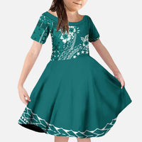 Kia Orana Cook Islands Family Matching Off The Shoulder Long Sleeve Dress and Hawaiian Shirt Tiare and Stars - Teal LT7 Daughter's Dress Teal - Polynesian Pride