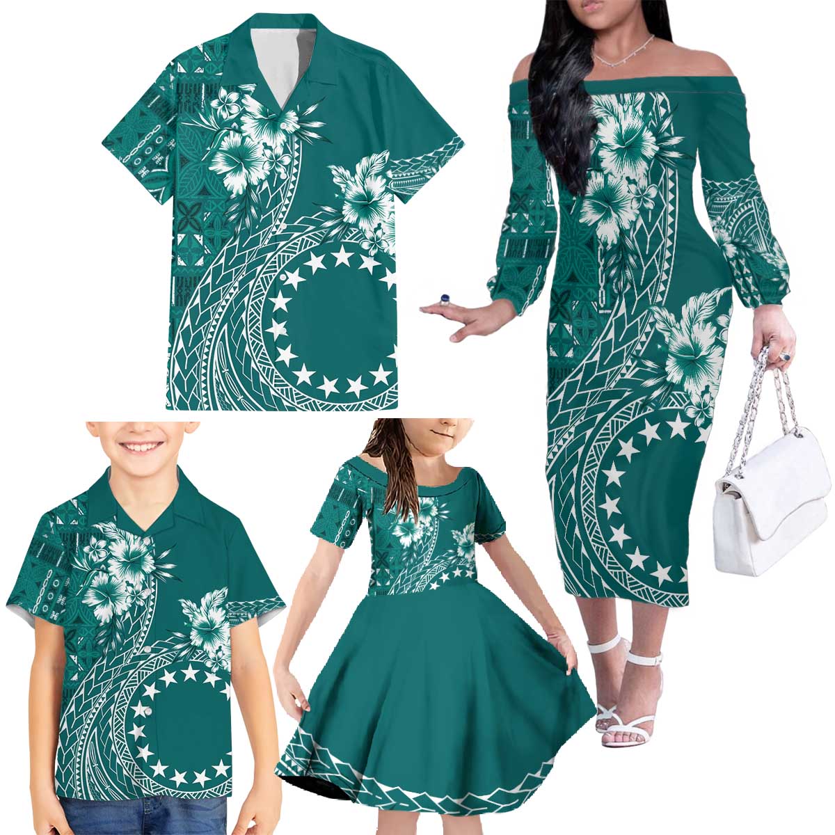 Kia Orana Cook Islands Family Matching Off The Shoulder Long Sleeve Dress and Hawaiian Shirt Tiare and Stars - Teal LT7 - Polynesian Pride