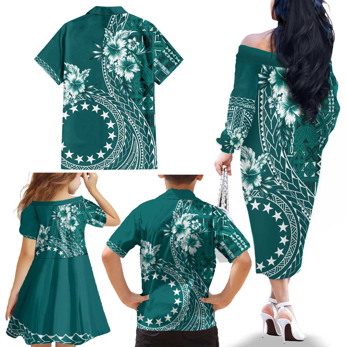 Kia Orana Cook Islands Family Matching Off The Shoulder Long Sleeve Dress and Hawaiian Shirt Tiare and Stars - Teal LT7 - Polynesian Pride