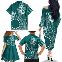 Kia Orana Cook Islands Family Matching Off The Shoulder Long Sleeve Dress and Hawaiian Shirt Tiare and Stars - Teal LT7 - Polynesian Pride