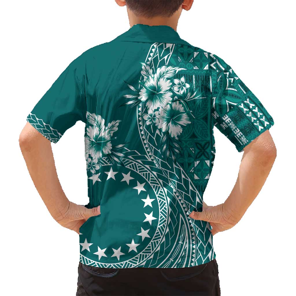 Kia Orana Cook Islands Family Matching Off Shoulder Maxi Dress and Hawaiian Shirt Tiare and Stars - Teal LT7 - Polynesian Pride