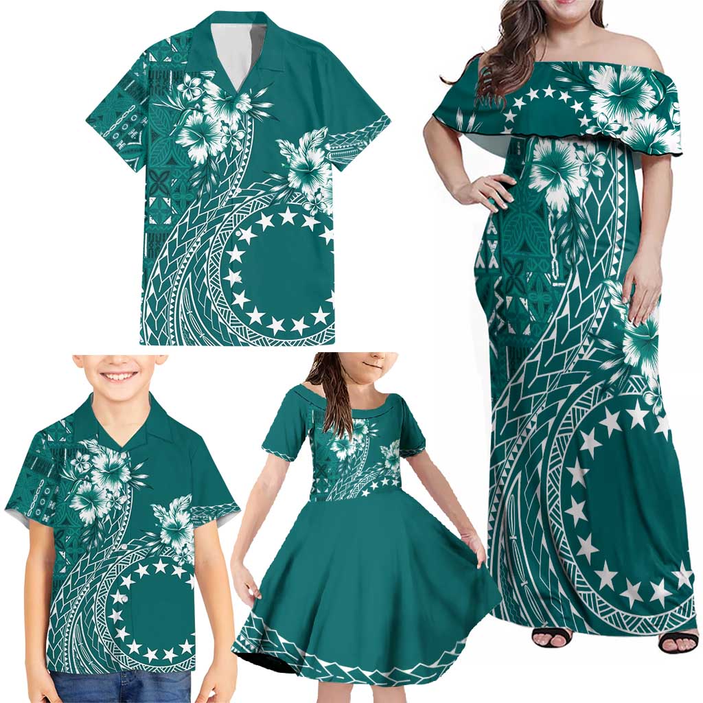 Kia Orana Cook Islands Family Matching Off Shoulder Maxi Dress and Hawaiian Shirt Tiare and Stars - Teal LT7 - Polynesian Pride