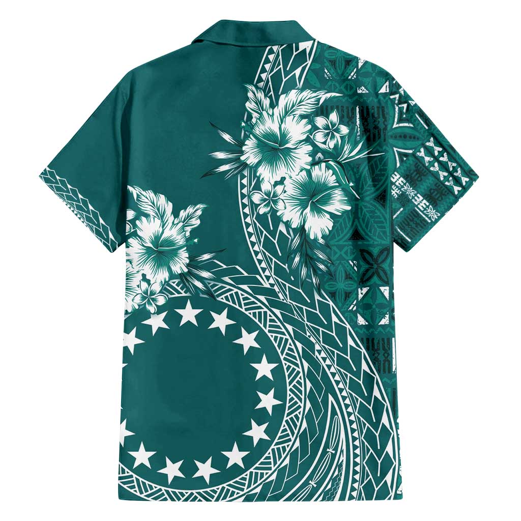 Kia Orana Cook Islands Family Matching Off Shoulder Maxi Dress and Hawaiian Shirt Tiare and Stars - Teal LT7 - Polynesian Pride