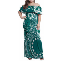 Kia Orana Cook Islands Family Matching Off Shoulder Maxi Dress and Hawaiian Shirt Tiare and Stars - Teal LT7 Mom's Dress Teal - Polynesian Pride