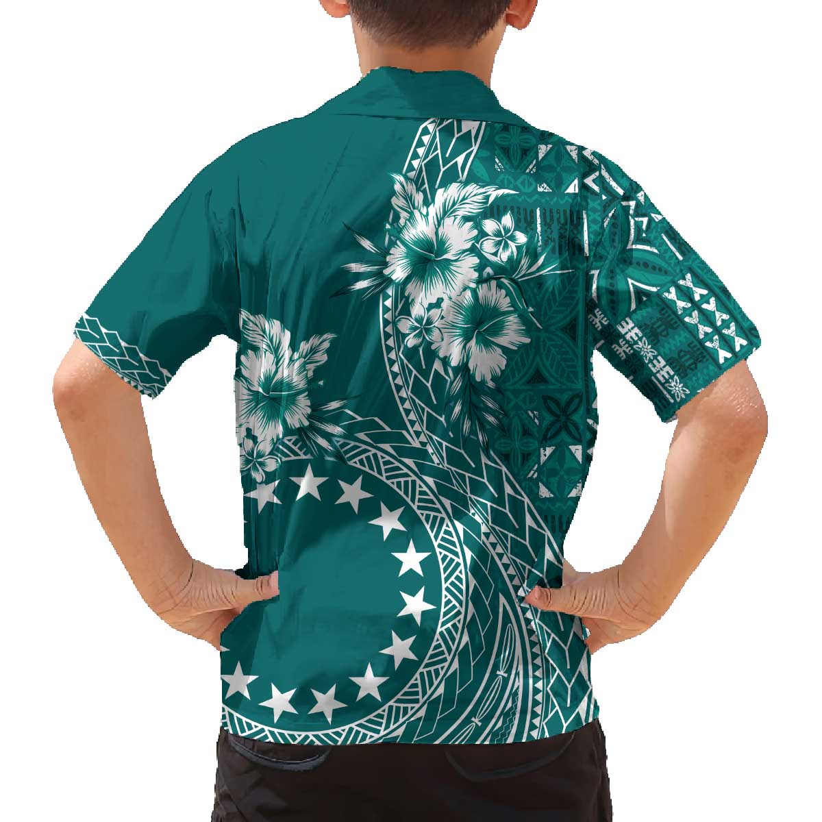 Kia Orana Cook Islands Family Matching Off Shoulder Short Dress and Hawaiian Shirt Tiare and Stars - Teal LT7 - Polynesian Pride