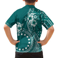 Kia Orana Cook Islands Family Matching Off Shoulder Short Dress and Hawaiian Shirt Tiare and Stars - Teal LT7 - Polynesian Pride