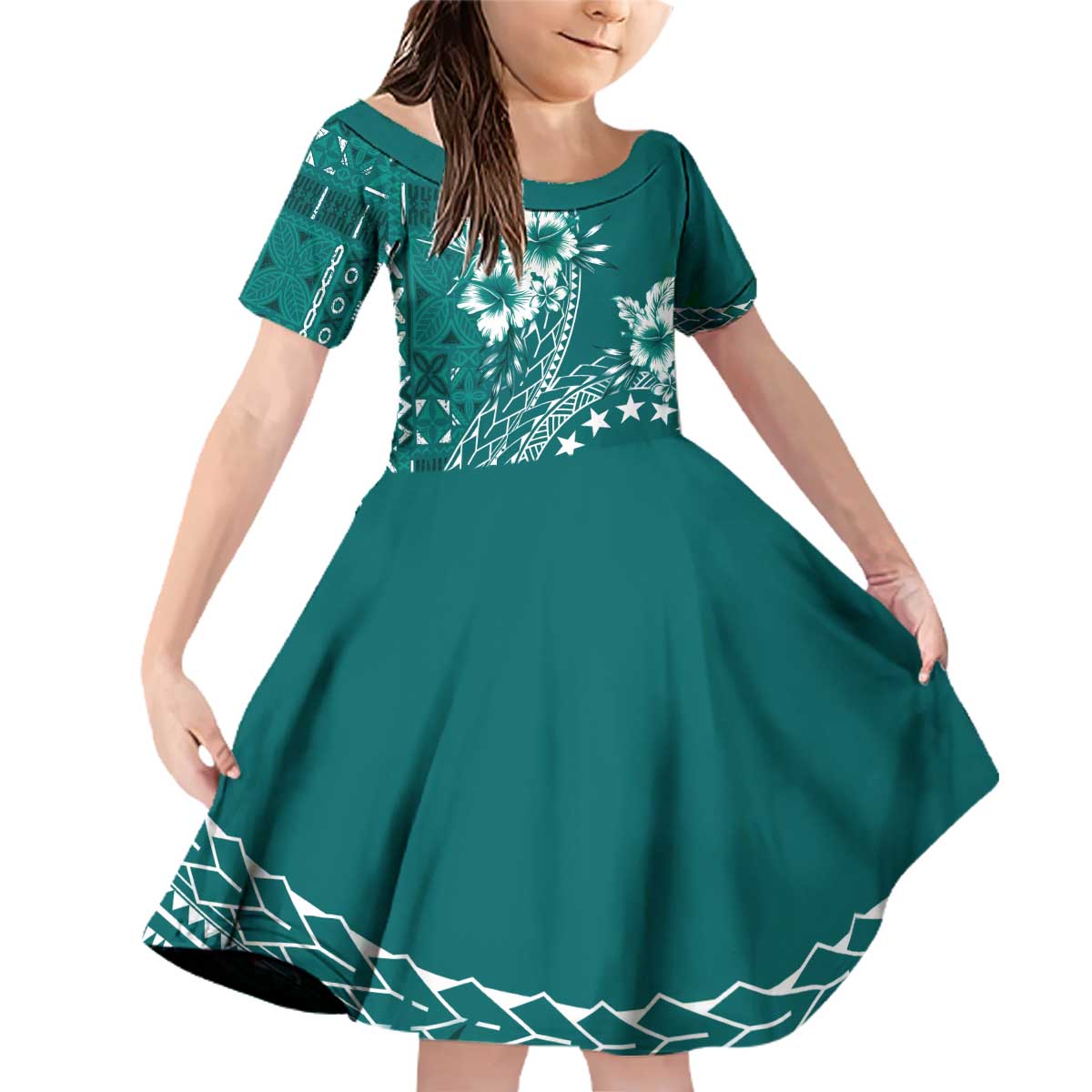 Kia Orana Cook Islands Family Matching Off Shoulder Short Dress and Hawaiian Shirt Tiare and Stars - Teal LT7 Daughter's Dress Teal - Polynesian Pride
