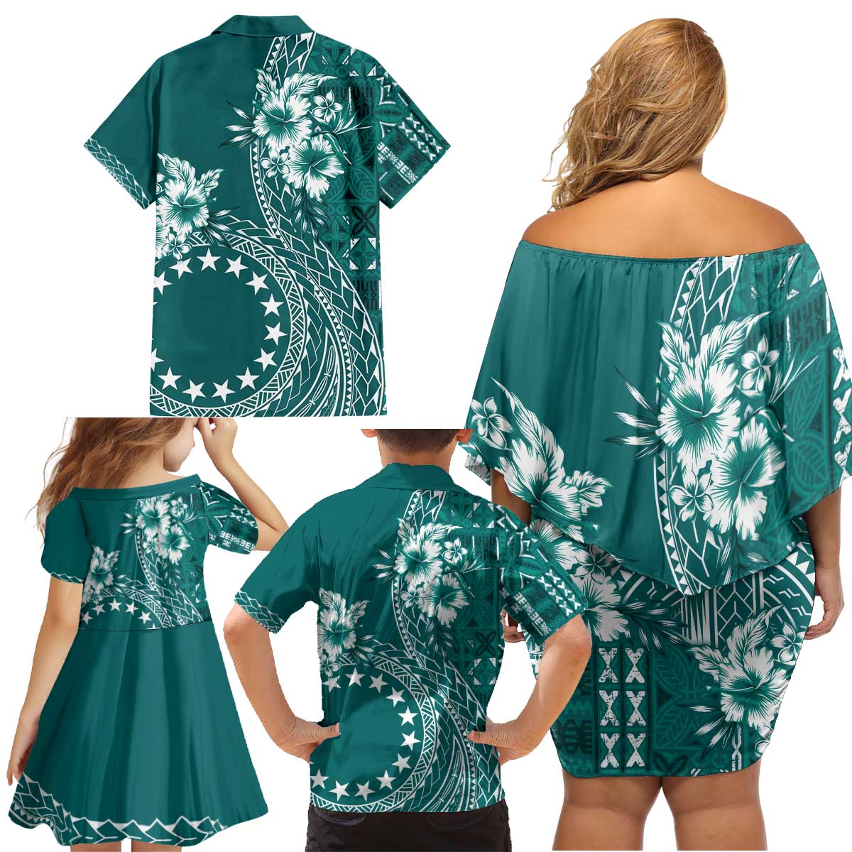 Kia Orana Cook Islands Family Matching Off Shoulder Short Dress and Hawaiian Shirt Tiare and Stars - Teal LT7 - Polynesian Pride