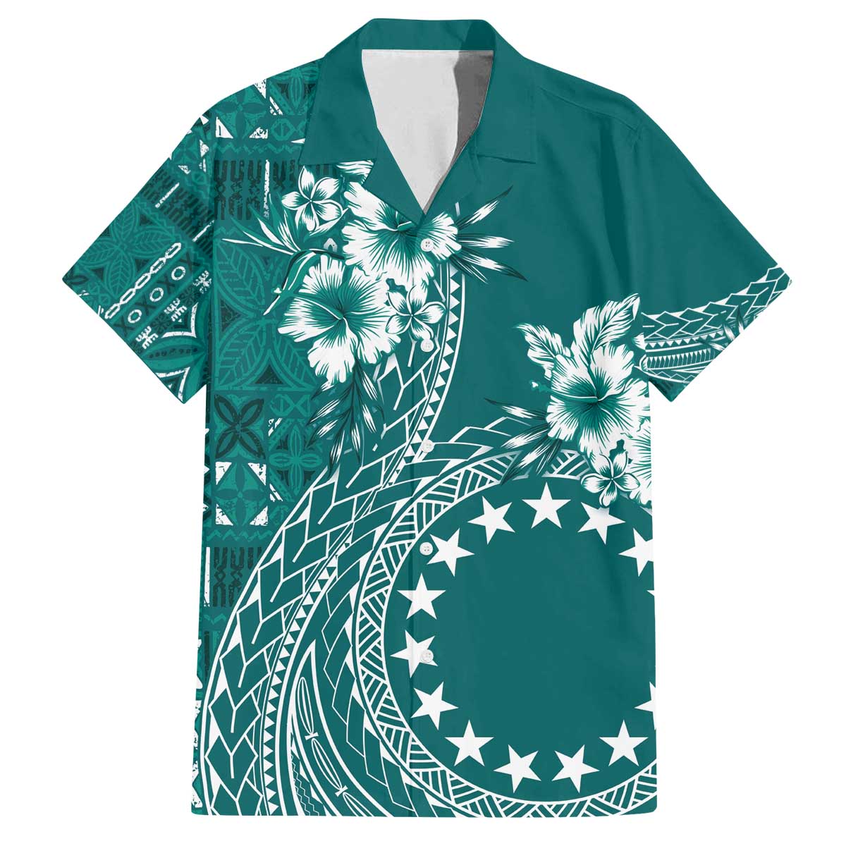 Kia Orana Cook Islands Family Matching Off Shoulder Short Dress and Hawaiian Shirt Tiare and Stars - Teal LT7 Dad's Shirt - Short Sleeve Teal - Polynesian Pride