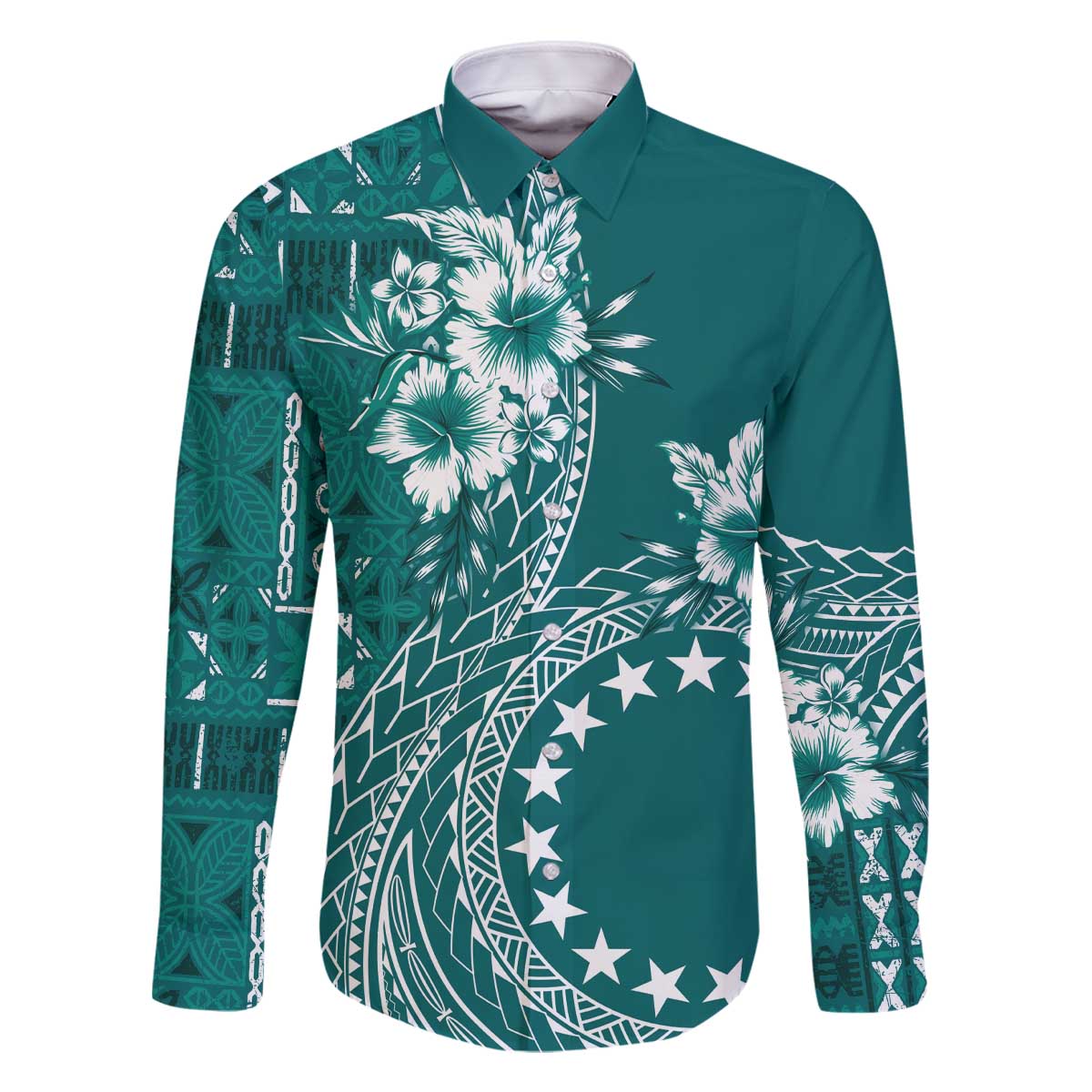 Kia Orana Cook Islands Family Matching Off Shoulder Short Dress and Hawaiian Shirt Tiare and Stars - Teal LT7 Dad's Shirt - Long Sleeve Teal - Polynesian Pride