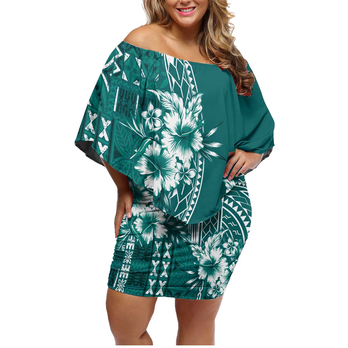Kia Orana Cook Islands Family Matching Off Shoulder Short Dress and Hawaiian Shirt Tiare and Stars - Teal LT7 Mom's Dress Teal - Polynesian Pride